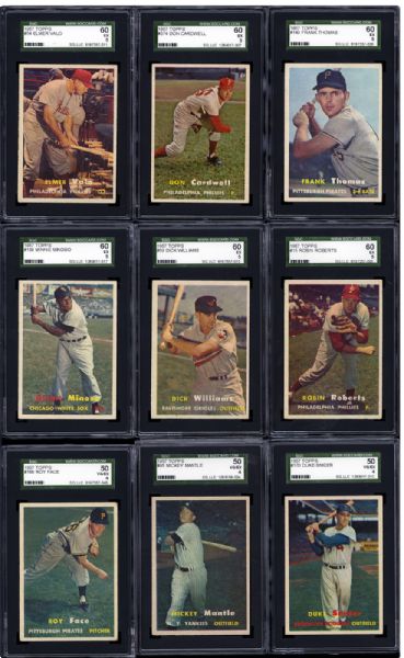 1957 TOPPS BASEBALL SGC GRADED LOT OF 34 DIFFERENT INC. MANTLE, SNIDER, AND ROBERTS