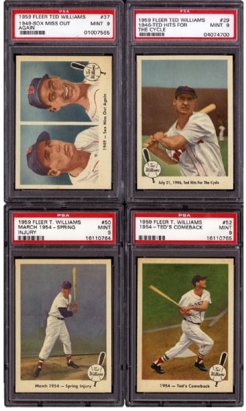 LOT OF (4) 1959 FLEER TED WILLIAMS CARDS-ALL GRADED MINT PSA 9