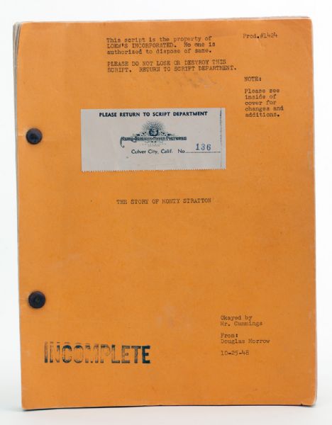 MONTY STRATTONS PERSONAL COPY OF SCRIPT TO MOVIE "THE MONTY STRATTON STORY"