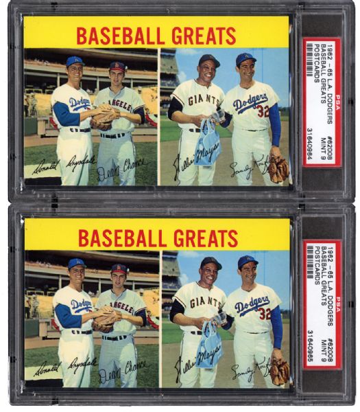 1962-65 LOS ANGELES DODGERS BASEBALL GREATS (MAYS/KOUFAX/DRYSDALE/CHANCE) PAIR OF MINT PSA 9 POSTCARDS