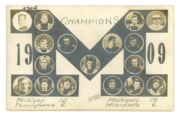 1909 CHAMPION MICHIGAN WOLVERINES POSTCARD FEATURING FIELDING YOST