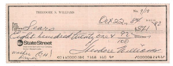 SCARCE TED WILLIAMS SIGNED PERSONAL CHECK