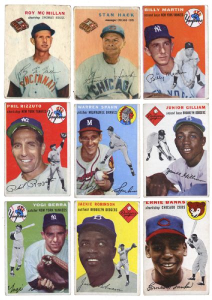 1954 TOPPS (7) AND 1954 WILSON WIENER (2) BASEBALL LOT OF 9 INC. BANKS, ROBINSON, BERRA, AND RIZZUTO