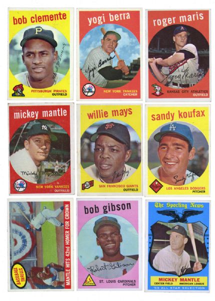 1959 TOPPS BASEBALL PARTIAL SET (382/572) INC. MANTLE, MAYS, CLEMENTE, AARON, KOUFAX, BERRA, MARIS AND MANY MORE HOFERS