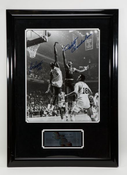 WILT CHAMBERLAIN AND BILL RUSSELL DUAL SIGNED AND FRAMED 16 X 20
