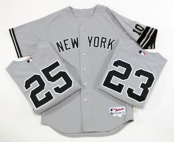 2007 NEW YORK YANKEES LOT OF (3) MATTINGLY, GIAMBI, AND ABREU GAME ISSUED ROAD GRAY JERSEYS WITH # 10 "RIZZUTO ARM BAND" - STEINER