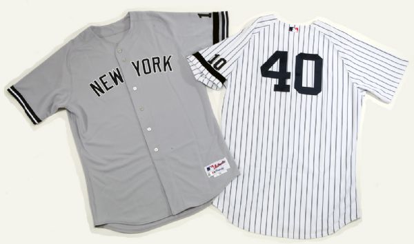 2007 NEW YORK YANKEES CHIEN-MING WANG LOT GAME ISSUED HOME WHITE PINSTRIPES JERSEY AND ROAD GRAY JERSEY WITH # 10 "RIZZUTO ARM BAND" - STEINER