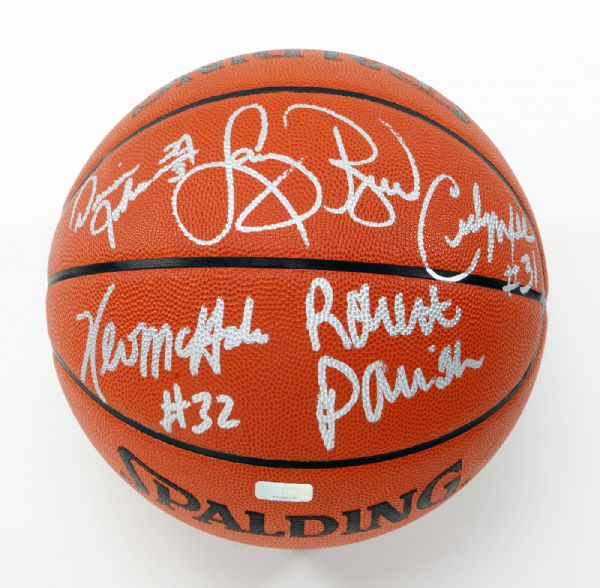 1984 BOSTON CELTICS STARTING FIVE SIGNED OFFICIAL NBA BASKETBALL BIRD, PARISH, MCHALE, MAXWELL, AND JOHNSON