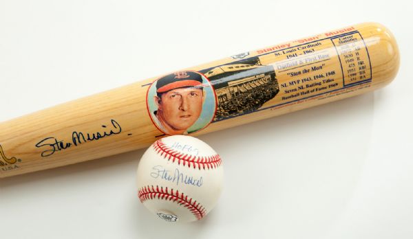 STAN MUSIAL LOT SIGNED COOPERSTOWN LOGO BAT AND SIGNED BASEBALL