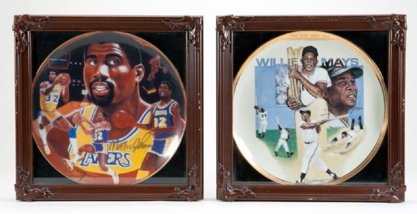 MAGIC JOHNSON GARTLAN SIGNED PLATE AND WILLIE MAYS SPORTS IMPRESSIONS PLATE