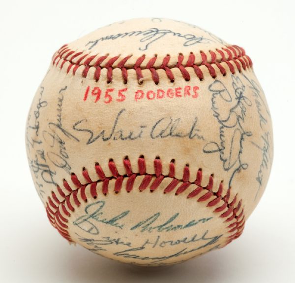 1955 DODGERS TEAM SIGNED BASEBALL WITH ROBINSON, KOUFAX, CAMPANELLA, ALSTON, AND MANY OTHERS