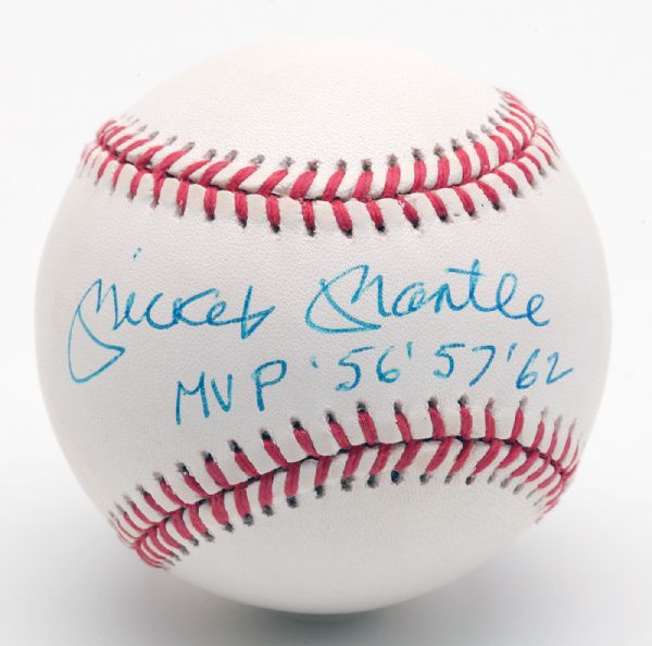 MICKEY MANTLE SINGLE SIGNED BASEBALL WITH INSCRIPTIONS "MVP 56 57 62"