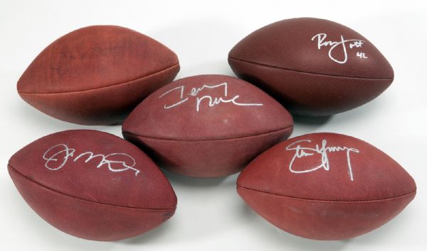 LOT OF (5) SINGLE SIGNED FOOTBALLS (2) MONTANA, RICE, YOUNG, AND LOTT