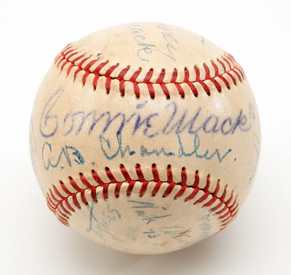 PHILADELPHIA AS SIGNED REACH BASEBALL SIGNED BY CONNIE MACK, AL SIMMONS, CLARK GRIFFITH, TED LYONS, HAPPY CHANDLER, AND 9 OTHERS