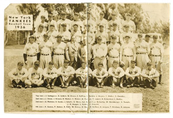 1936 WORLD CHAMPION NEW YORK YANKEES TEAM PHOTOGRAPH WITH GEHRIG AND (ROOKIE) DIMAGGIO