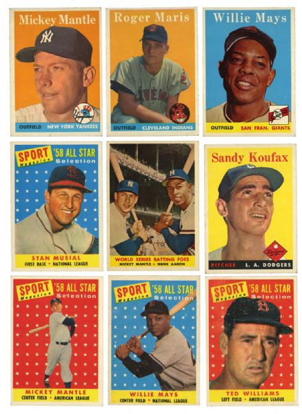 1958 TOPPS BASEBALL PARTIAL SET (293/496) INC. MANTLE, MAYS, MARIS, KOUFAX, AND MANY OTHER HALL OF FAMERS