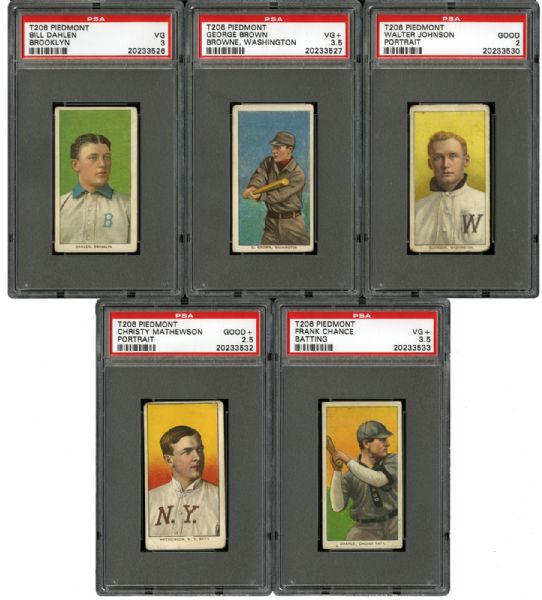  1909-11 T206 PSA GRADED LOT OF 5 JOHNSON (PORTRAIT), MATHEWSON (PORTRAIT), CHANCE (BATTING), BROWN (WASHINGTON), DAHLEN (BROOKLYN)