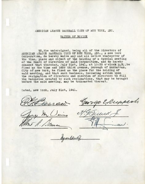 1941 NEW YORK YANKEES DOCUMENT SIGNED BY KEY FRONT OFFICE EXECUTIVES INC BARROW RUPPERT AND OTHERS