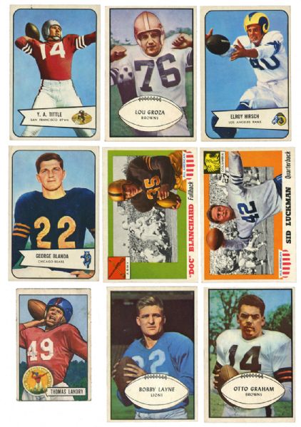 1951 THROUGH 1955 BOWMAN AND 1955 TOPPS ALL AMERICAN FOOTBALL LOT OF 34 WITH MANY HALL OF FAMERS