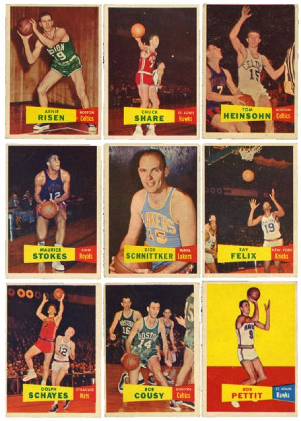 1957-58 TOPPS BASKETBALL LOT OF 23 DIFFERENT INC. COUSY, SCHAYES, PETTIT, AND HEINSOHN