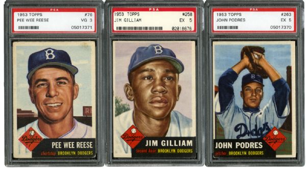 1953 TOPPS BROOKLYN DODGER PSA GRADED LOT OF 3 - JOHNNY PODRES, JIM GILLIAM AND PEE WEE REESE