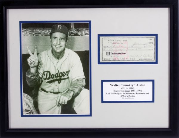 WALTER ALSTON FRAMED, SIGNED CHECK AND 8 X 10 PHOTO