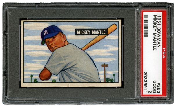 1951 BOWMAN #253 MICKEY MANTLE ROOKIE GD PSA 2