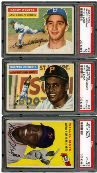 1954 TOPPS #90 WILLIE MAYS, 1956 TOPPS #33 ROBERTO CLEMENTE, AND 1956 #79 SANDY KOUFAX - ALL PSA GRADED