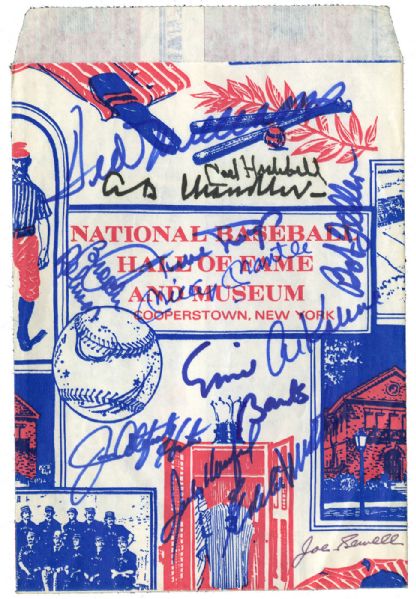 NATIONAL BASEBALL HALL OF FAME BAG SIGNED BY 13 HALL OF FAMERS INC. MANTLE, MAYS, WILLIAMS