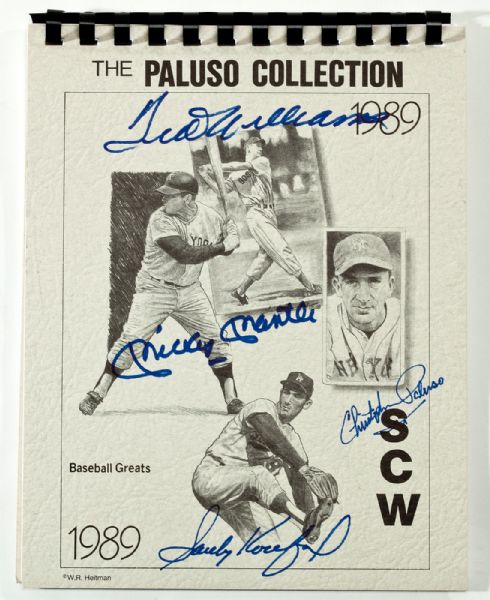 1989 THE PALUSO COLLECTION BASEBALL GREATS CALENDAR SIGNED BY MICKEY MANTLE, TED WILLIAMS, AND SANDY KOUFAX
