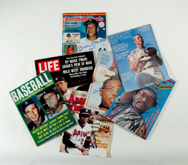 PUBLICATION LOT OF 7 SIGNED BY 8 HOFERS INC. MANTLE (2), MAYS, KOUFAX, DRYSDALE (2)
