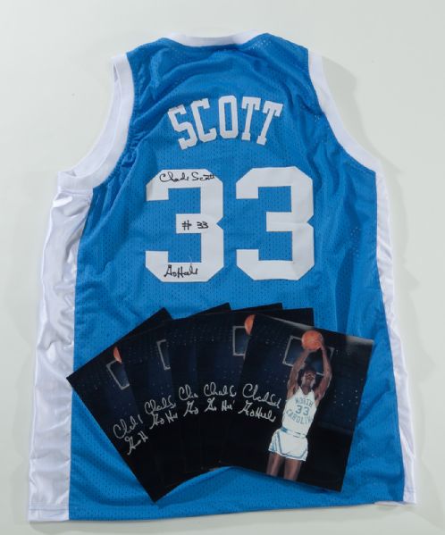 CHARLIE SCOTT SIGNED NORTH CAROLINA REPLICA JERSEY AND (5) 8 BY 10 PHOTOS