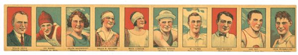 CIRCA 1920S UNCUT STRIP CARD OF 10 CHAMPIONS INC. WEISSMUELLER, SARAZEN, TILDEN, AND HOPPE