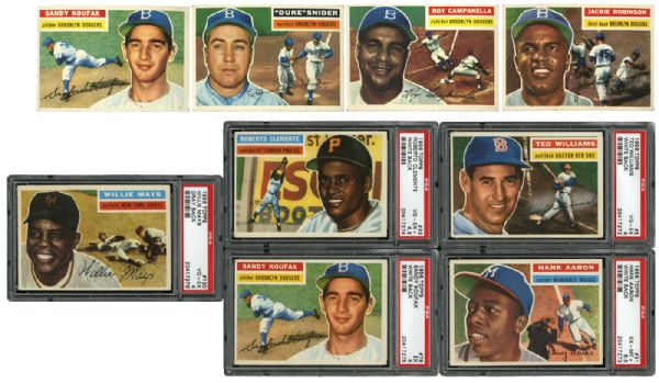 1956 TOPPS BASEBALL PARTIAL SET (178/340) INC. MAYS, WILLIAMS, CLEMENTE, AARON, ROBINSON, KOUFAX(2), MANY OTHER HOFERS PLUS 15 ADDITIONAL GRAY BACK VARIATIONS