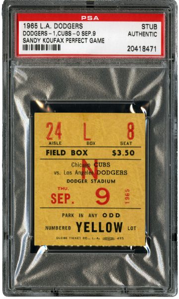 1965 LOS ANGELES DODGERS VS CHICAGO CUBS (SANDY KOUFAX PERFECT GAME) TICKET STUB