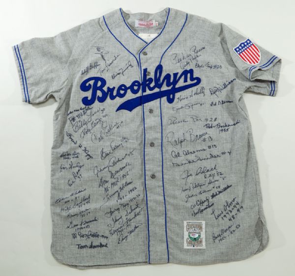 BROOKLYN DODGERS SIGNED MITCHELL AND NESS FLANNEL JERSEY FEATURING REESE, WILLIAMS, SNIDER, LASORDA TOTAL OF 46 SIGNATURES 