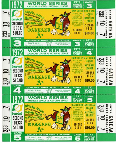 1972 OAKLAND AS WORLD SERIES FULL UNUSED TICKETS FOR GAMES 3, 4 AND 5