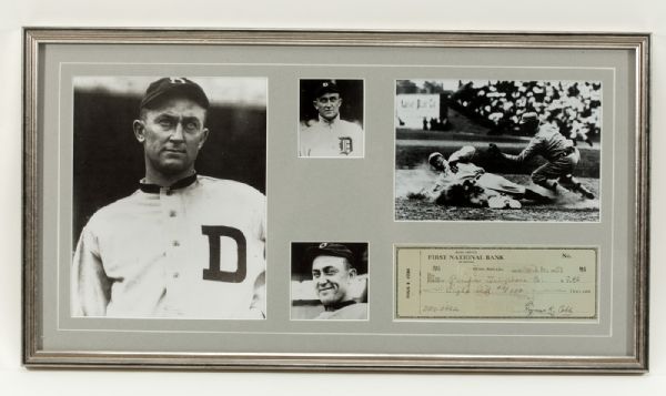 TY COBB FRAMED AND SIGNED CHECK WITH 3 PHOTOS