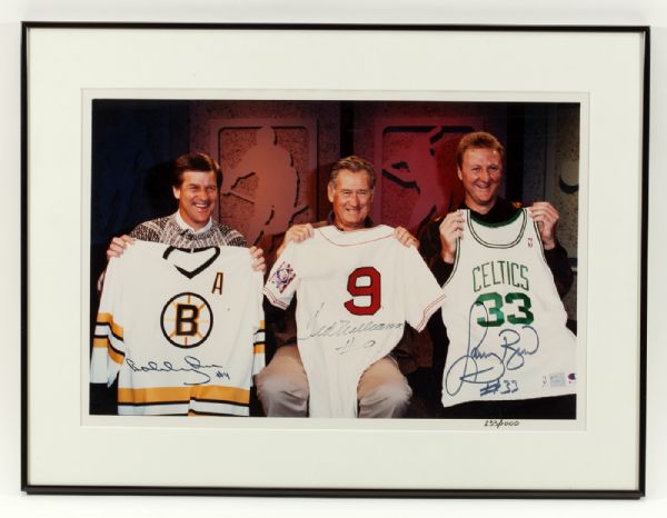 "THE BOYS OF BOSTON" PIECE SIGNED BY LARRY BIRD, BOBBY ORR AND TED WILLIAMS