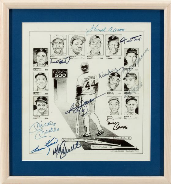 500 HOME RUN CLUB SIGNED AND FRAMED PIECE INC. MANTLE, WILLIAMS, MAYS AND OTHERS
