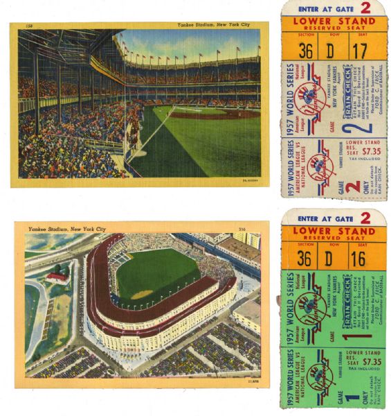 1957 WORLD SERIES (NEW YORK YANKEES VS. MILWAUKEE BRAVES) GAME 1 AND GAME 2 TICKET STUBS PLUS PAIR OF 1950S STADIUM POSTCARDS