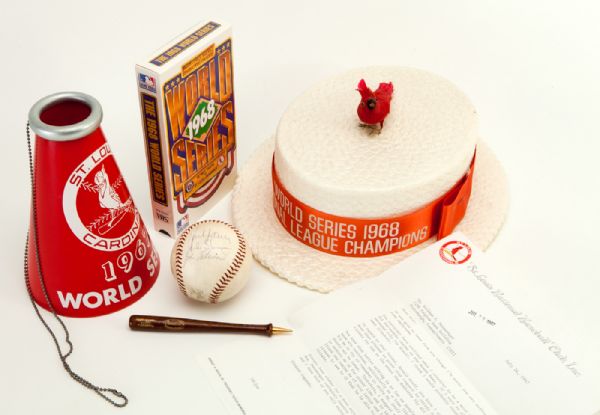 1968 WORLD SERIES ST. LOUIS CARDINALS PERFECT CONDITION STYROFOAM FAN HAT WITH CARDINAL ON TOP PLUS MORE
