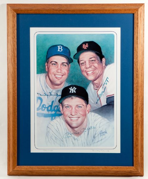 1989 MICKEY MANTLE/ WILLIE MAYS/ DUKE SNIDER SIGNED RANDY GARCIA FRAMED LIMITED EDITION PRINT #582/750
