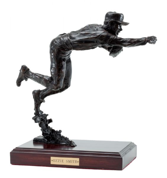 OZZIE SMITH’S BRONZE STATUE BY ARTIST HARRY WEBBER (MINIATURE VERSION OF STATUE AT CAL POLY’S BAGGET STADIUM)
