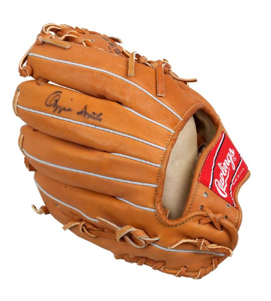 OZZIE SMITH’S AUTOGRAPHED 2002 HALL OF FAME GAME AND POST-CAREER GAME WORN GLOVE