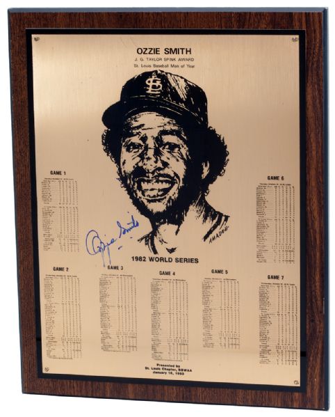 OZZIE SMITH’S AUTOGRAPHED 1983 J. TAYLOR SPINK AWARD PLAQUE