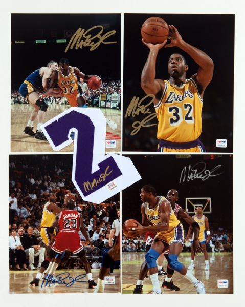 LOT OF (5) MAGIC JOHNSON SIGNED ITEMS - FOUR 8 X 10 ACTION PHOTOS & SIGNED NUMBER