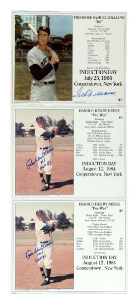 LOT OF (3) SINGLE-SIGNED INDUCTION DAY PHOTOS WITH STATS TED WILLIAMS AND (2) PEE WEE REESE