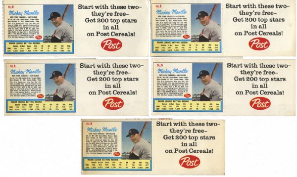 1962 POST CEREAL (AD BACK) LOT OF (5) MICKEY MANTLE AND ROGER MARIS CARDS