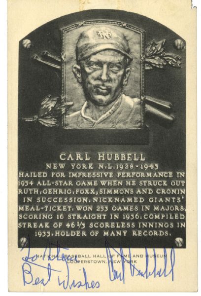 CARL HUBBELL SIGNED HALL OF FAME ARTVUE POST CARDS 